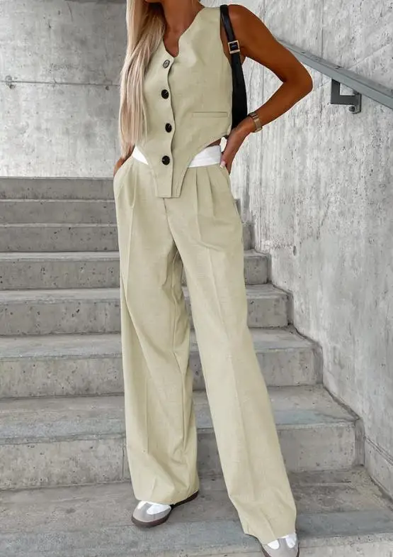Single Row Button Striped Color Matching Tank Top and Pleated Pants Set 2023 New Hot Selling Fashion Women's Clothing