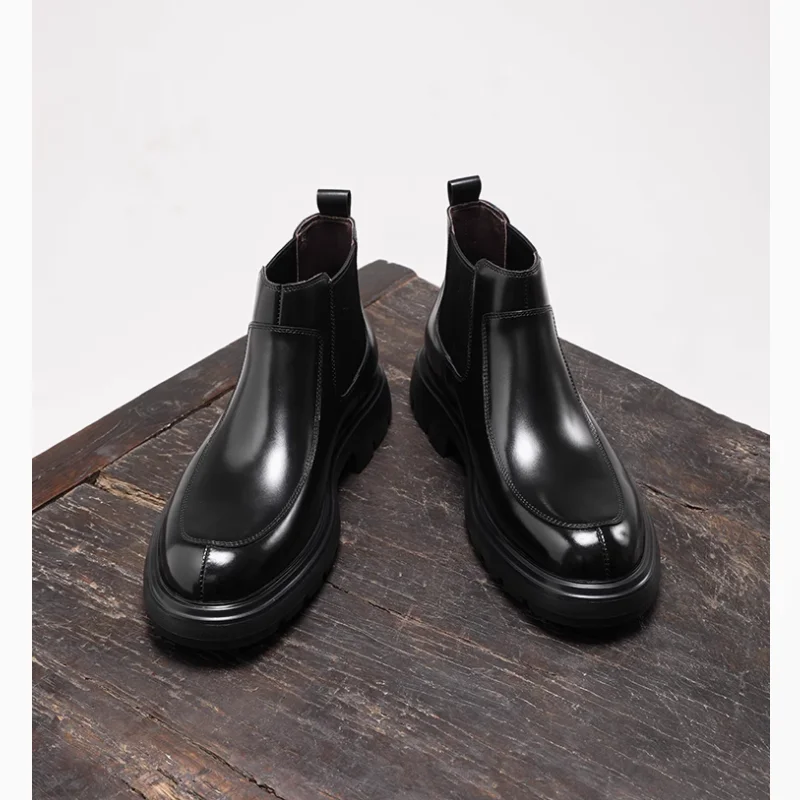 【Leichte Sohle】 Kurze britische Echtleder-Stiefel mit mattierter High-Top-Freizeitschuhe mit dicker Sohle, Chelsea-Stiefel für Herren für die Körpergröße – Detail 2