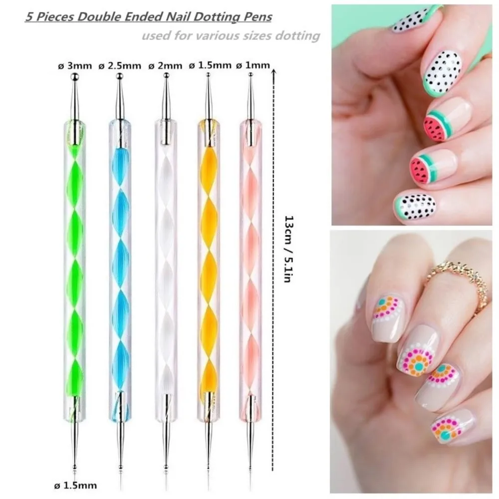 5Pcs/Set Professional 2 Ways Nail Art Dotting Pen Plastic Swirl Wood Marbleizing Steel Rhinestones Pickup Pen Manicure Tools 3