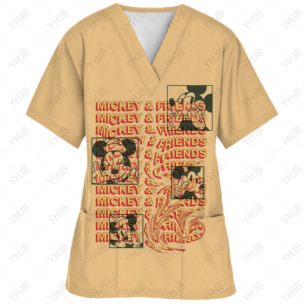 thumbnail image 1 of Uniforme de enfermera de verano con estampado de Mickey Mouse de Disney, ropa de trabajo para dentistas, salones de belleza y tiendas de mascotas, camisetas con cuello en V y bolsillos, 1 of 5