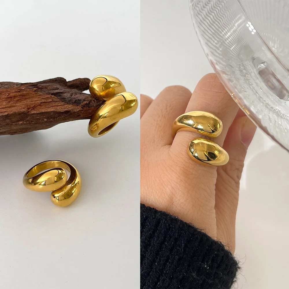 Stylish Water Droplet Shape 18k Gold Plated Stainless Steel Open Adjustable Ring Trendy Custom Women's Fashion Accessory 2