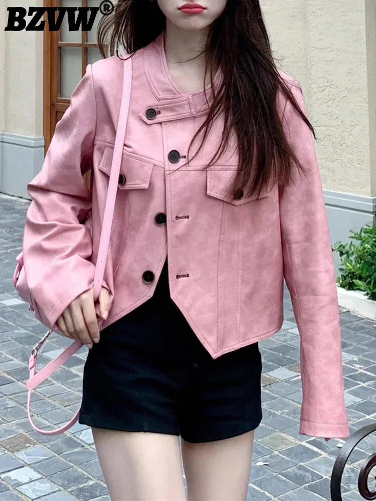 

Дизайнерская розовая куртка BZVW из искусственной кожи с длинным рукавом для женщин, весна-осень 2023, шикарное высококачественное темпераментное повседневное женское пальто