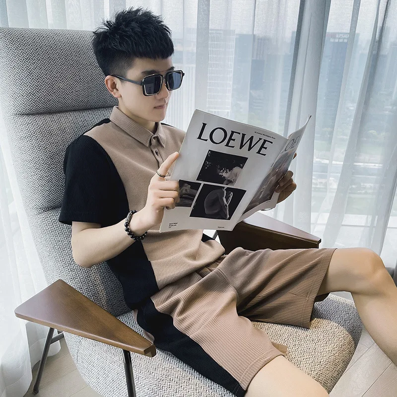 

2023Man Summer Fashion Button Polo Shirt+ Shorts 2 Sets Men's Business Casual Streetwear Breathable Patchwork Tracksuit Suit