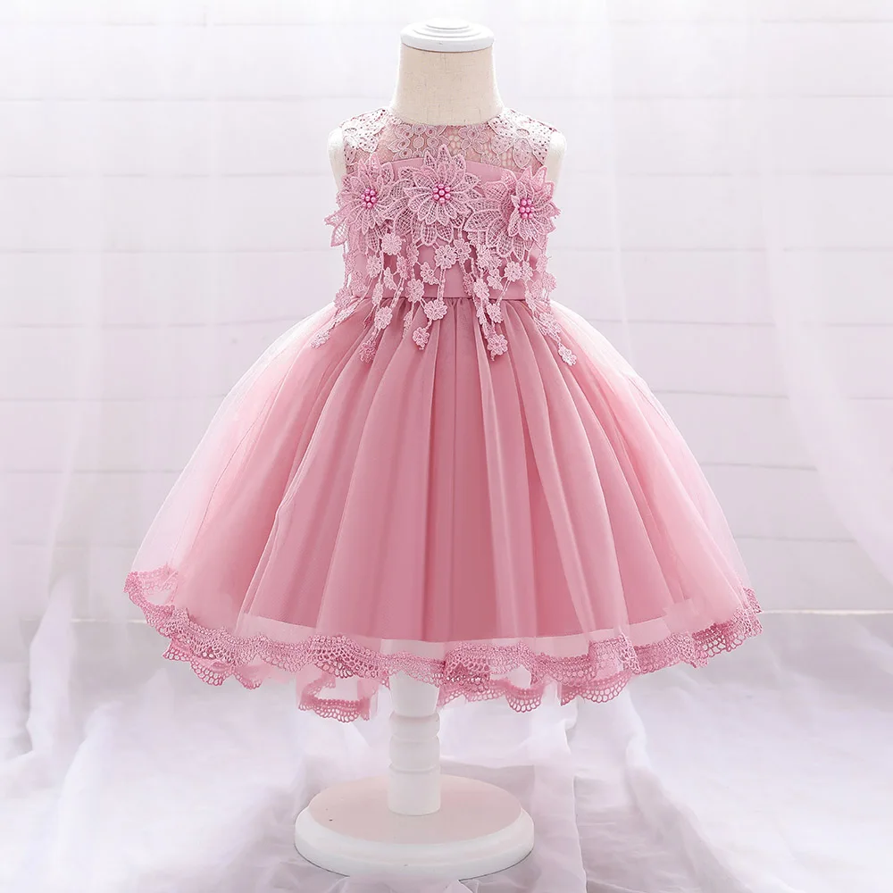 

White Pink Blue Red 3M 6M 12M 24M Infant Baby Summer Baptism Cloth Flower Girls Party Wedding Princess Tailling Dress For Child