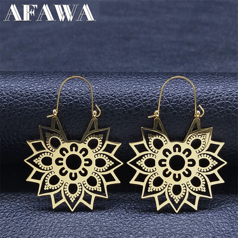 Trendy Yoga Lotus Flower Earrings Stainless Steel Gold Color Hoop Earrings for Women Jewelry boucles d'oreilles E9360S01