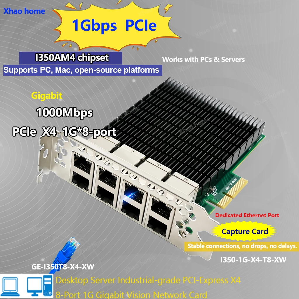 Intel I350AM4+듀얼 브래킷 1Gbps 고속 비전 캡처 서버 PC NIC용 8포트 기가비트 이더넷 PCIe x4 RJ45 네트워크 카드