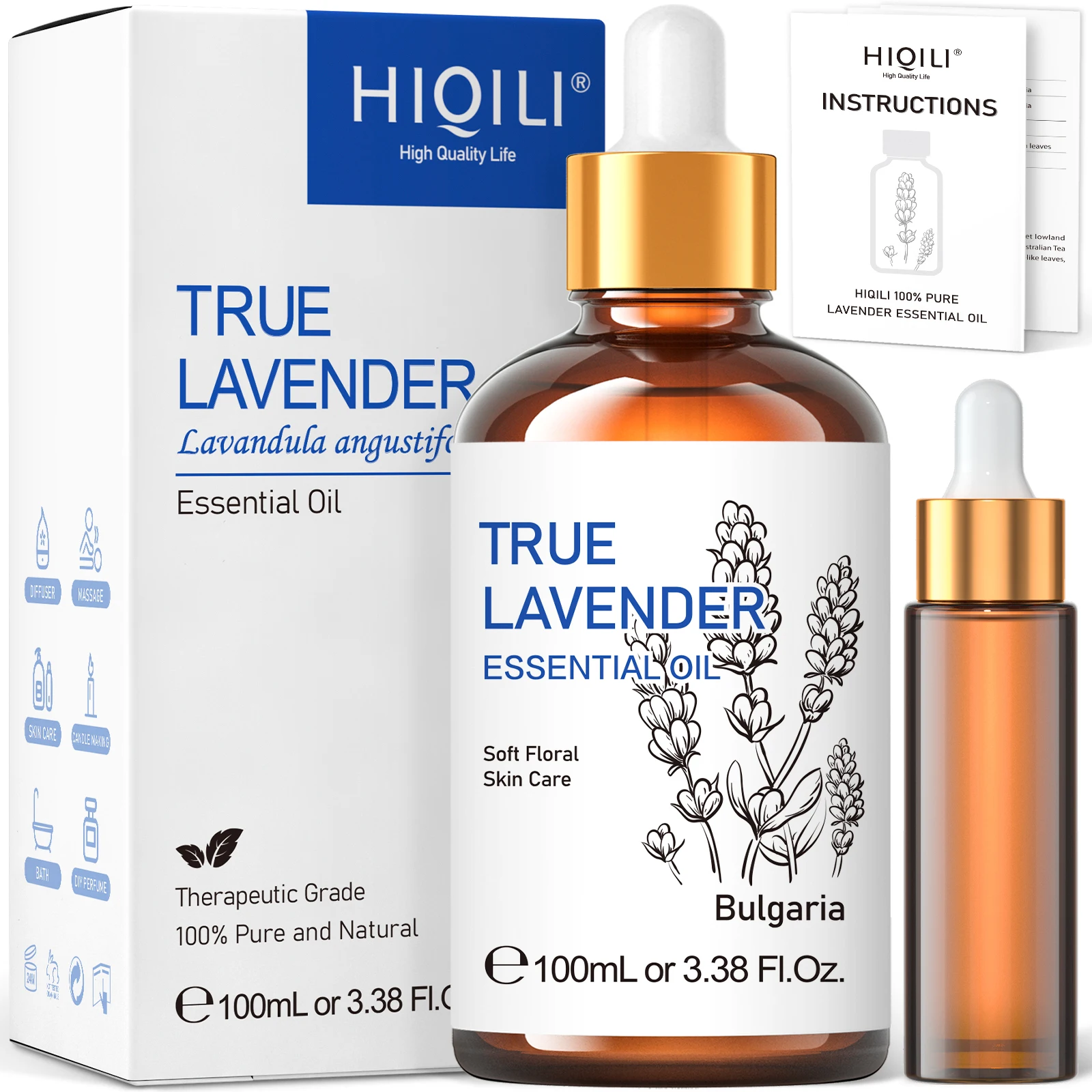 HIQILI 100ML True Lavender Essential Oils for Diffuser Humidifier Massage Aromatherapy Pure Natural Aroma Oil for Candle Making