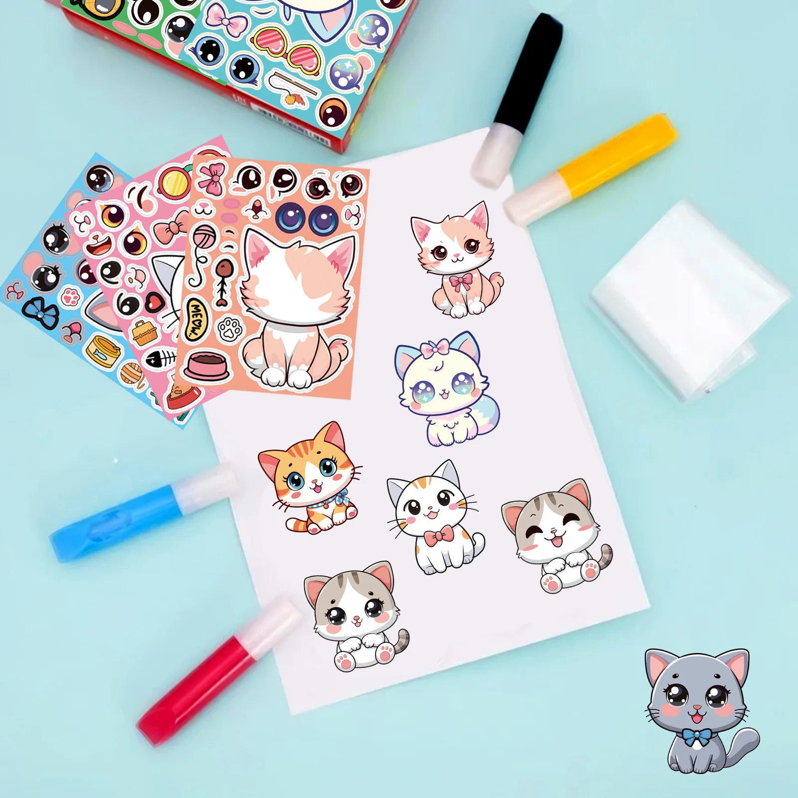 8장/팩 고양이 얼굴 변신 스티커 DIY 퍼즐 데칼 휴대폰 노트북 여행 가방 냉장고 장식 스티커