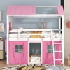 Kids Loft Bunk Bed House Twin with Tent Ladders Guardrail Windows Playhouse Wood Twin Over Twin Loft Bed Creative Design Storage 3