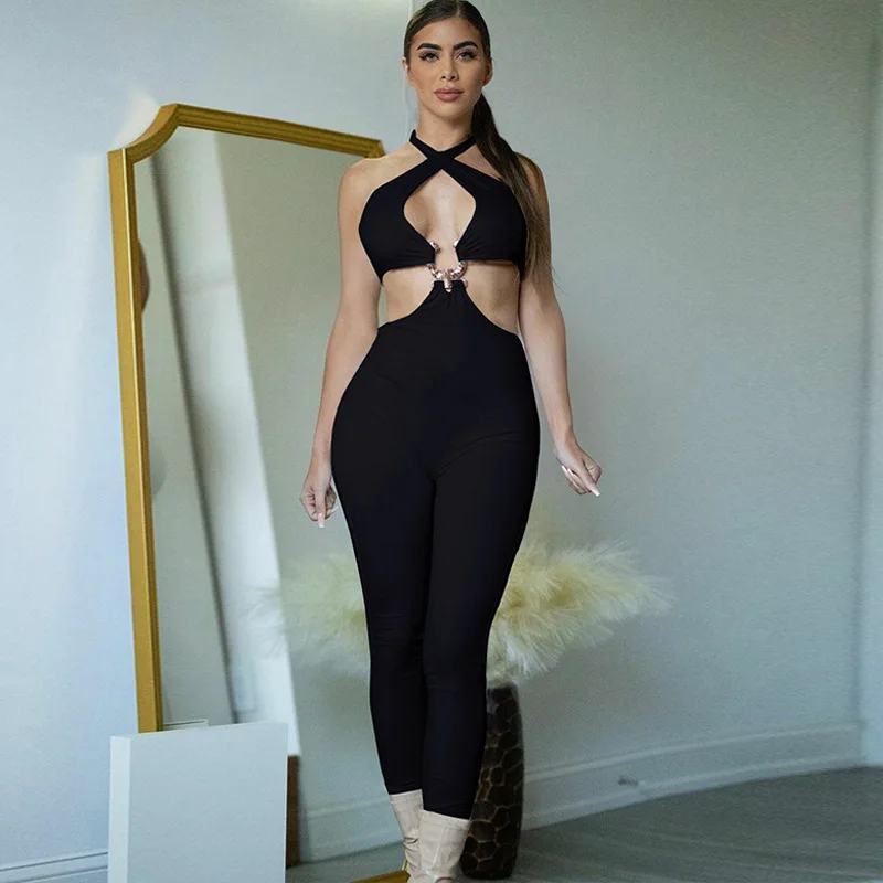 

2022 Summer Women's Fashion Solid Color Slim Sexy Hollow Backless Tight Pencil Pants, One-piece Pants