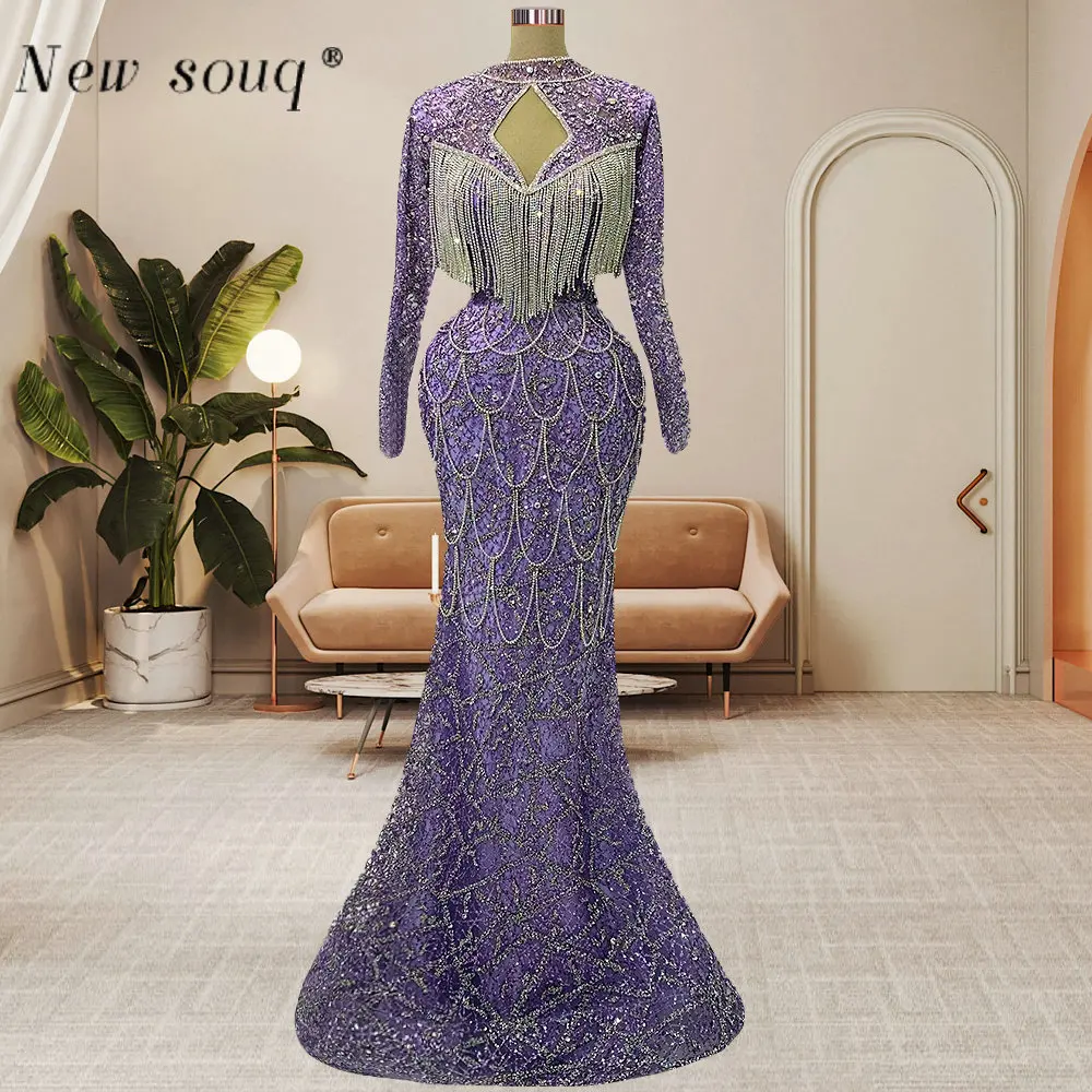 

Shimmering Light Purple Long Sleeves Muslim Evening Dresses Feature Silver Chains Turkey Wedding Guest Formal Wear Gowns