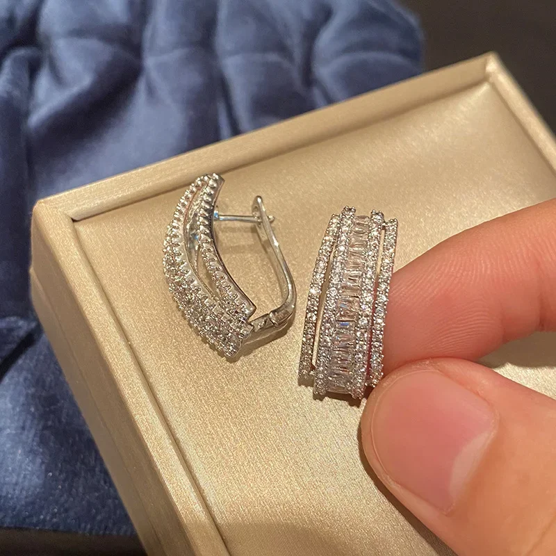 

Line Semi Circle U Shape S925 Silver Needle Earrings Ear Clip Small Jewelry for Women High Quality 5A Cubic Zircon Accessory