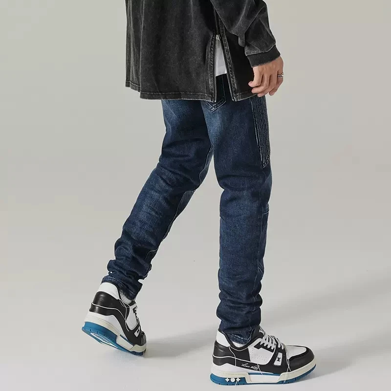 High Street Fashion Men Jeans Retro Blue Spliced Designer Elastic Slim Fit Biker Jeans Men Wrinkle Patched Hip Hop Pants Hombre