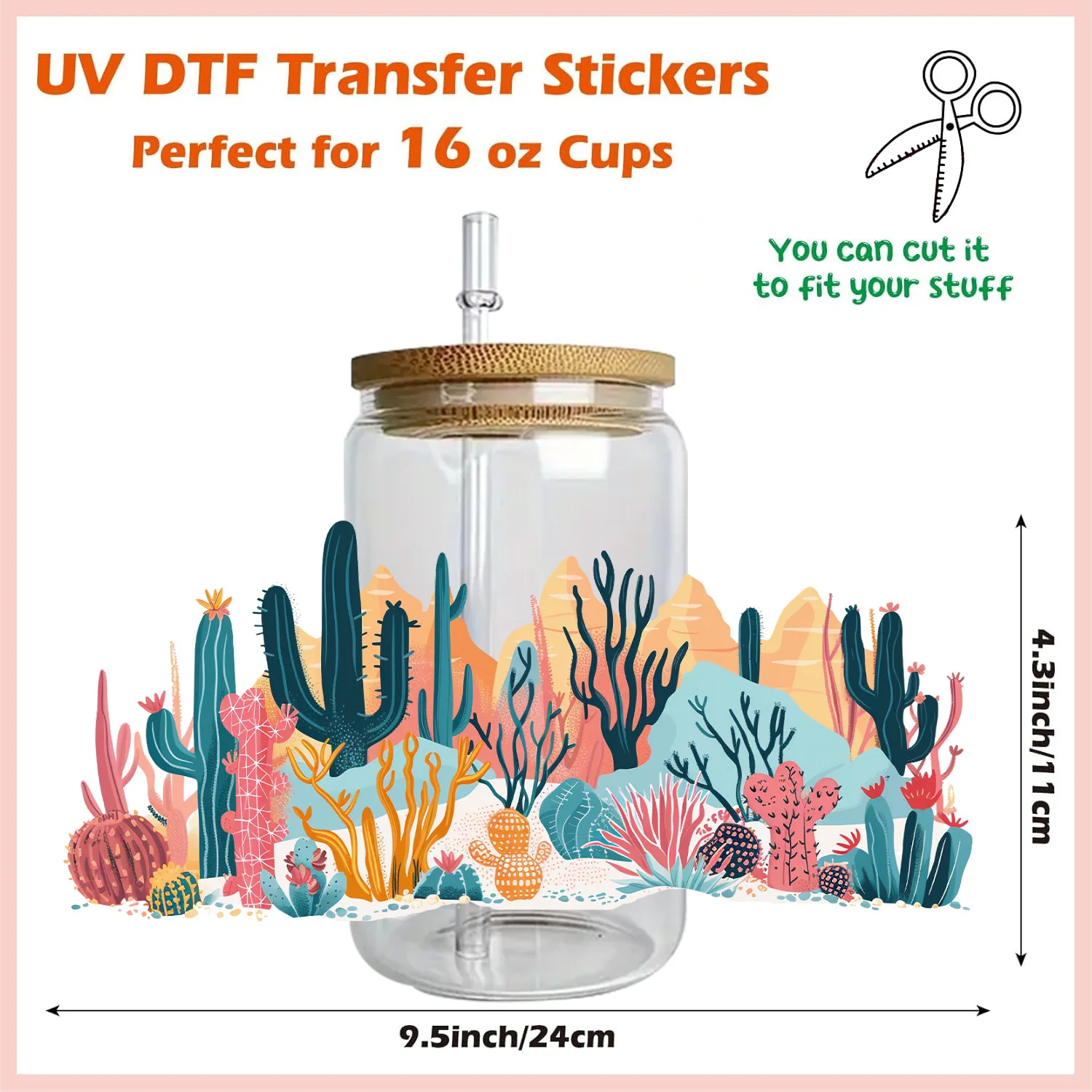 Desert cactus peel waterproof DIY Decals 3D transfers uvdtf crystal stickers 16oz uv dtf cup wraps for Libbey Glasses