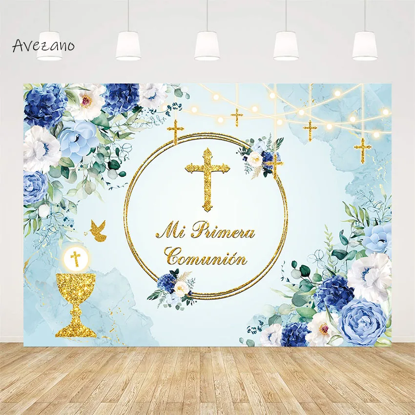 

Avezano Photography Background Boy First Communion Blue Flowers Gold Cross Grail Dove of Peace Party Decor Backdrop Photo Studio