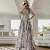Customized Floral Short Sleeve Crew Neck Evening Dresses Woman Elegant Luxury Evening Dresses Dubai Wedding Party Dresses 1