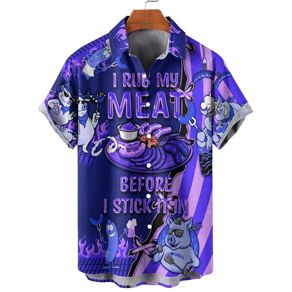 

Summer Lapel Hawaiian Shirt First Rub The Meat And Then Paste The Food Fashion 3d Printing Outdoor Street Casual Men Blue Shirt