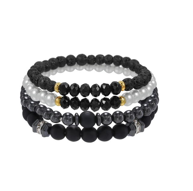 4 pièces/ensemble pierre de galle noire pierre volcanique perles de bois multicouche hommes combinaison Bracelet élastique pour Couple amis bijoux