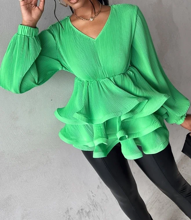 

Женский топ, весна 2024, v-образный вырез, многослойный топ с оборками на подоле, Повседневная простая модная женская блузка с длинным рукавом, Женский пуловер, новинка 2024