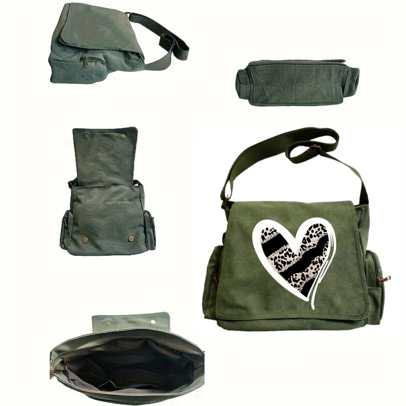 Fashion Women's Bag Multiple Pockets Leopard Heart Print Shoulder Bag Canvas Crossbody Messenger Bag Laptop Bag