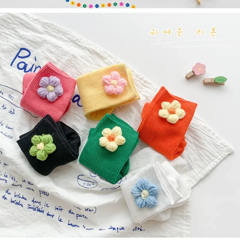 Cute Baby Handmade Knit Floral Socks Solid Color Middle Tube Kids Cotton Socks Newborn Infant Toddler Sockings 0-6years Old