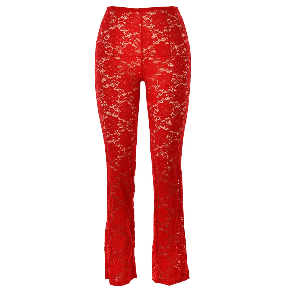 2024 Summer Solid Lace See Through Flare Pants Women Sexy Spicy Girls High Waist Casual Versatile Elegant Trousers Streetwear