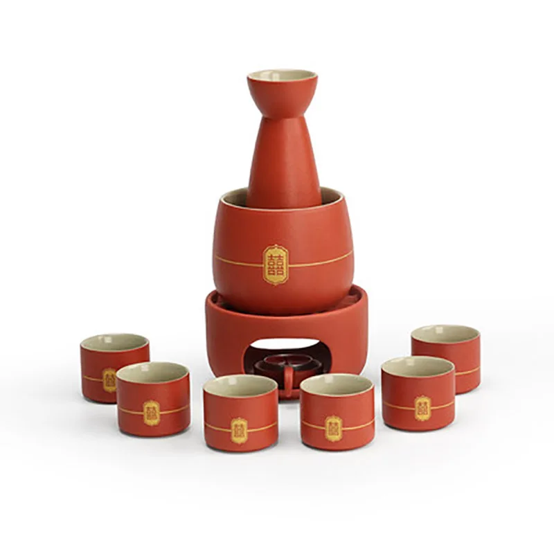 Chinese Ceramic Wine Set for Wedding, Red Wine Pot, Cup and Wood Tray, New Year Gift, Porcelain Household Accessories