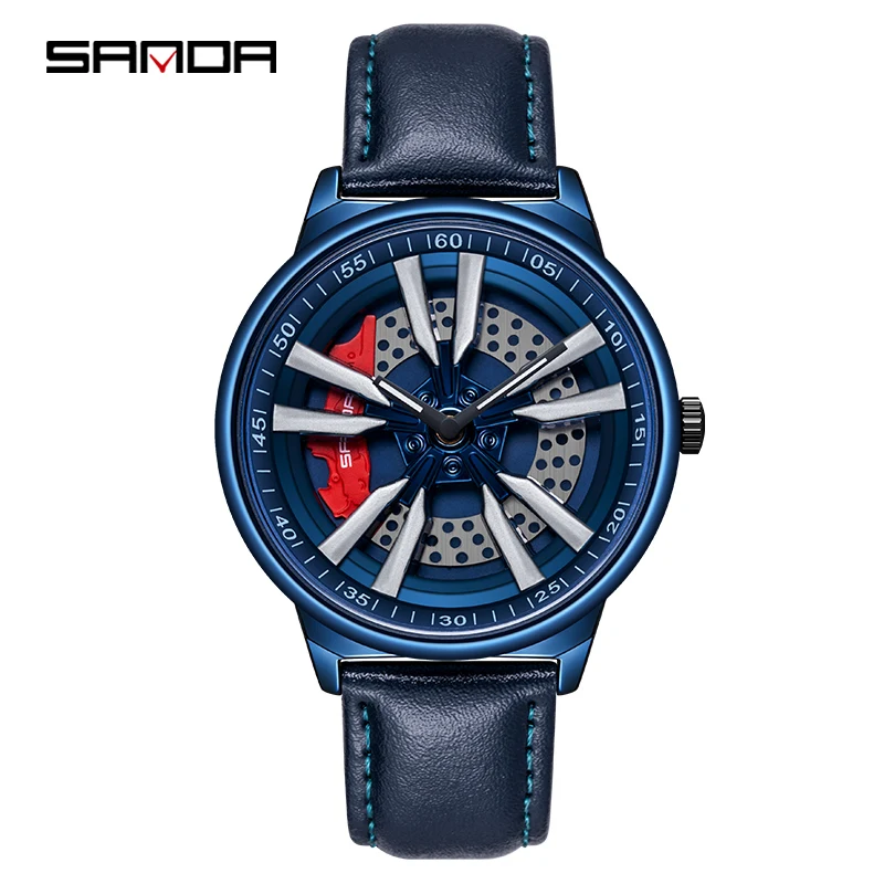 Hot Sell Leather Men Watch Waterproof Sport Watch 360 Rotating Racing Car Rim Wheel Rotating Dial Men Quartz Clock Relogio