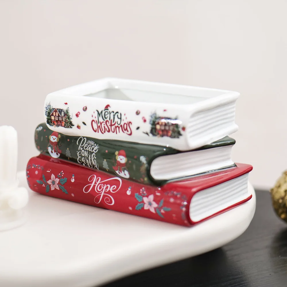 Flower Pot Small Ceramic Book-Shaped Planter with Hole Cute Bookshelf Decor Home Desk Decoration Accessories Office Living Room