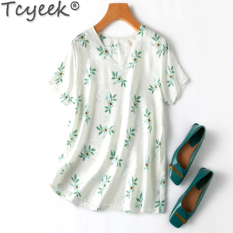 tcyeek-20mm-mulberry-silk-t-shirts-for-women-v-neck-elegant-t-shirt-print-short-sleeve-top-female-100-real-silk-summer-clothes