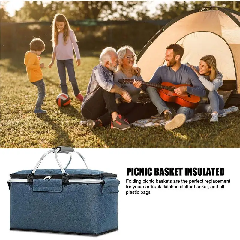 Insulated Picnic Basket Portable Flodable Grocery Bags Leakproof Cooler Bag Basket With Handle Large Capacity Camping Travel