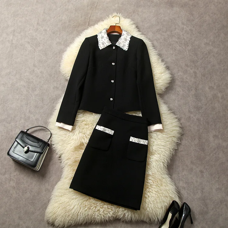 

European and American women's clothing 2023 autumn new Long sleeved beaded lapel coat Black skirt Fashion suit