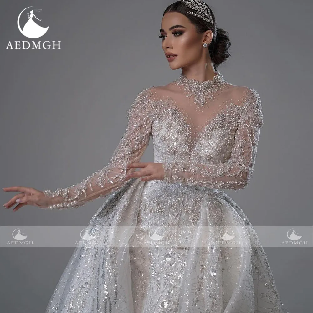 Aedmgh Mermaid Sexy Wedding Dresses High Neck Vestido De Novia Lace Embroidery Detachable Train Vintage Custom Made Bridal Gowns 2