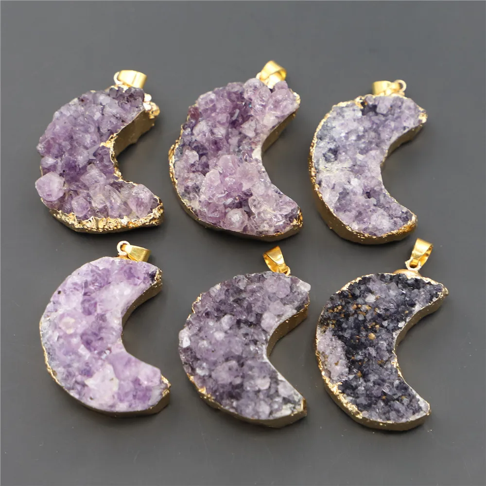 New Designer Natural Stone Druzy Cluster Heart  Pendants Charm Amethyst Healing Crystals Mens Necklace Women Jewelry Making 6PCS