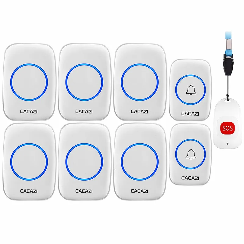 CACAZI Smart Home Wireless Pager Doorbell Old man Emergency Alarm Call Bell US EU UK Plug 80m Remote 2 button 1 pager 6 Receiver
