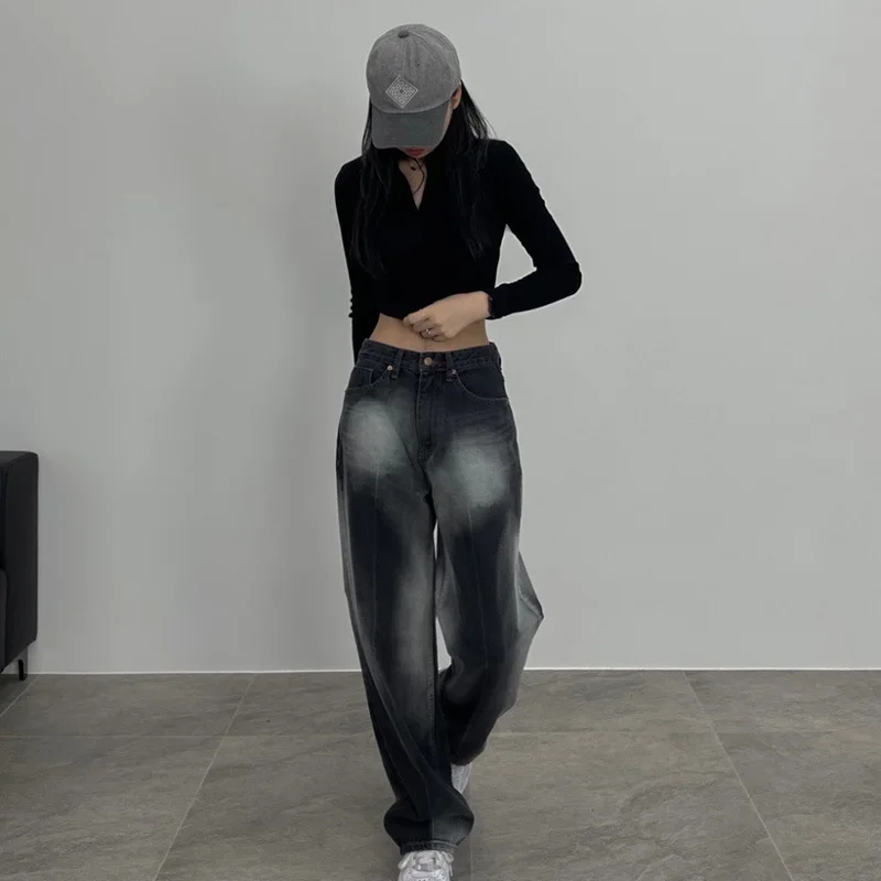 

Harajuku Vintage Halo Do Old Loose Straight Wash Jeans Women 2023 Autumn Fashion Personality Street Trend Goth Straight Y2k Pant
