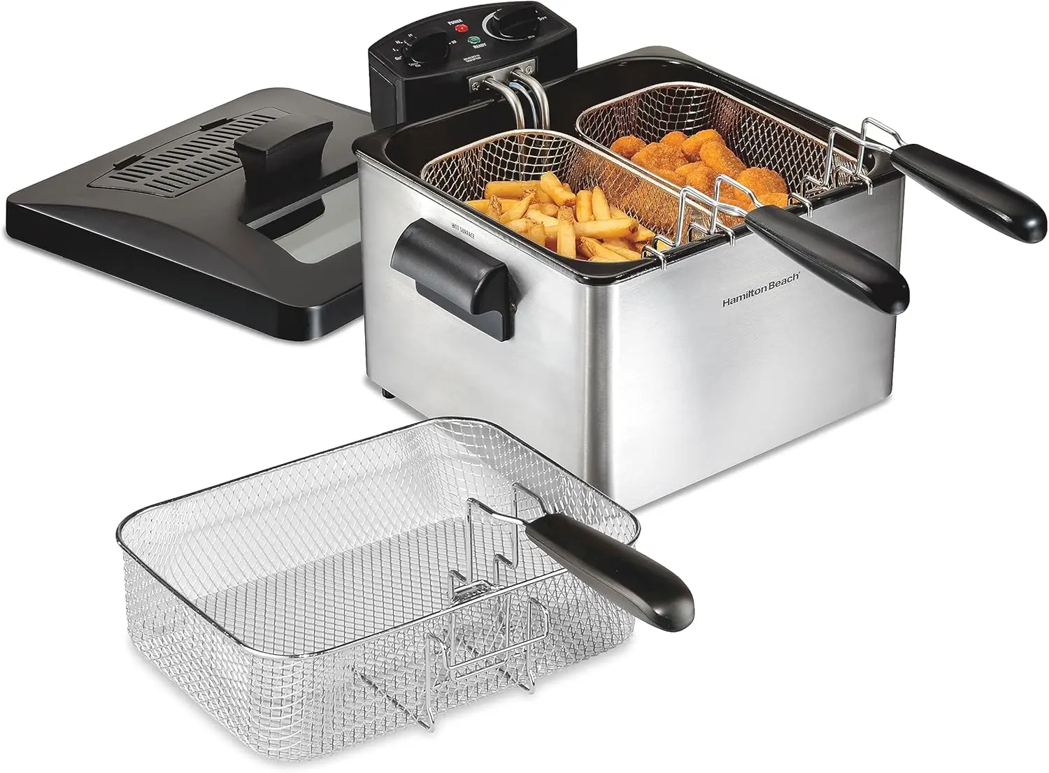 Beach Triple Basket Electric Deep Fryer, 4.7 Quarts / 19 Cups Oil Capacity, Lid with View Window, Professional Style, 1