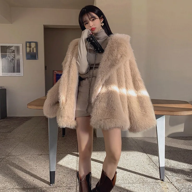 Winter Large Lapel Fur Coat Oversized Fluffy Faux Fur Jacket Long Sleeve Warm Thick Fox Fur Coat Streetwear Luxury Brand Clothes