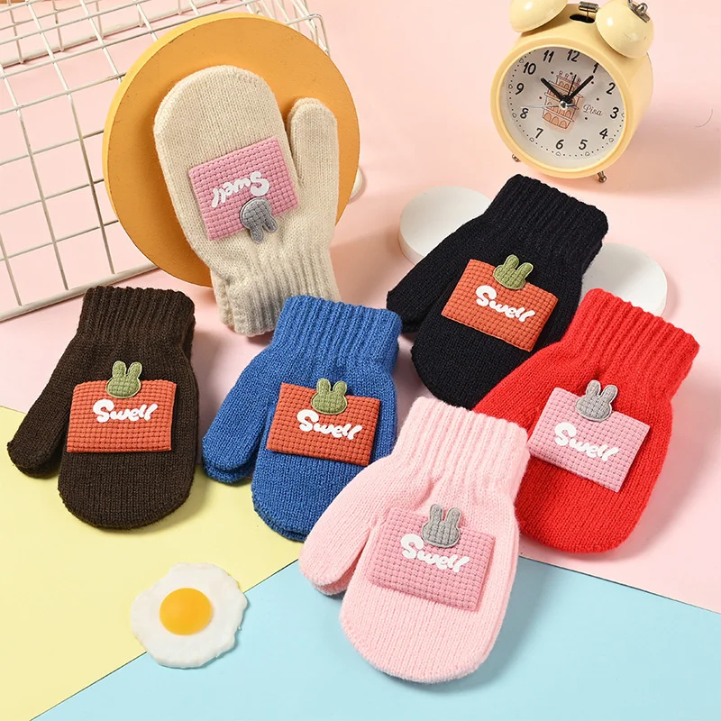 가을 겨울 따뜻한  장갑, 귀여운 토끼 전체 손가락 장갑, 소녀 소년, 두꺼운 니트 야외 어린이  장갑, 로프 포함