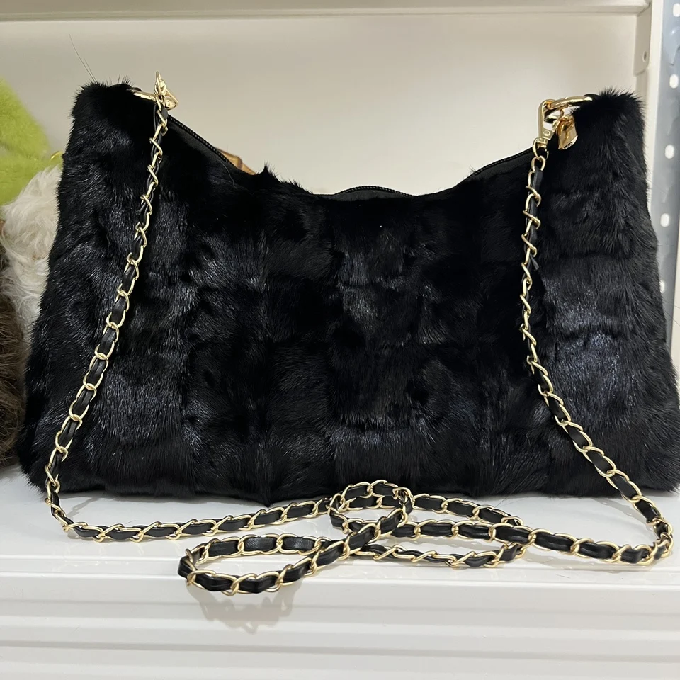 Ladies Genuine Fox Fur Handbag Single Mesenger Bags Women Natural Fox Fur Tote Bag For Woman Winter Fuzzy Fluffy Shoulder Bags