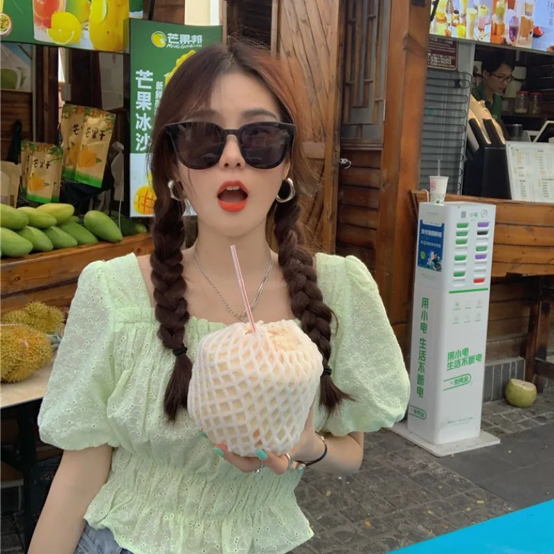 

Женская ажурная рубашка, модная короткая кружевная рубашка с коротким рукавом, модель han edition, 2022