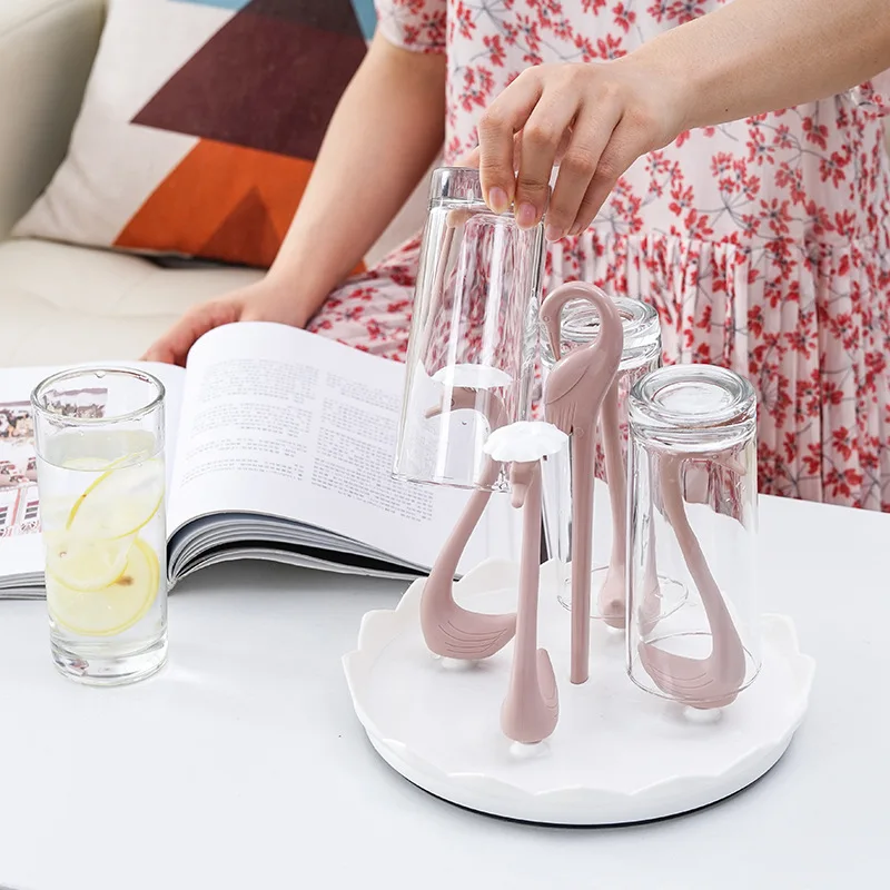 Glass Cup Storage Rack Rotating 6cells Water Cup Hanger Creative Swan Drain Tray Teacup Organizer Livingroom Kitchen Accessories