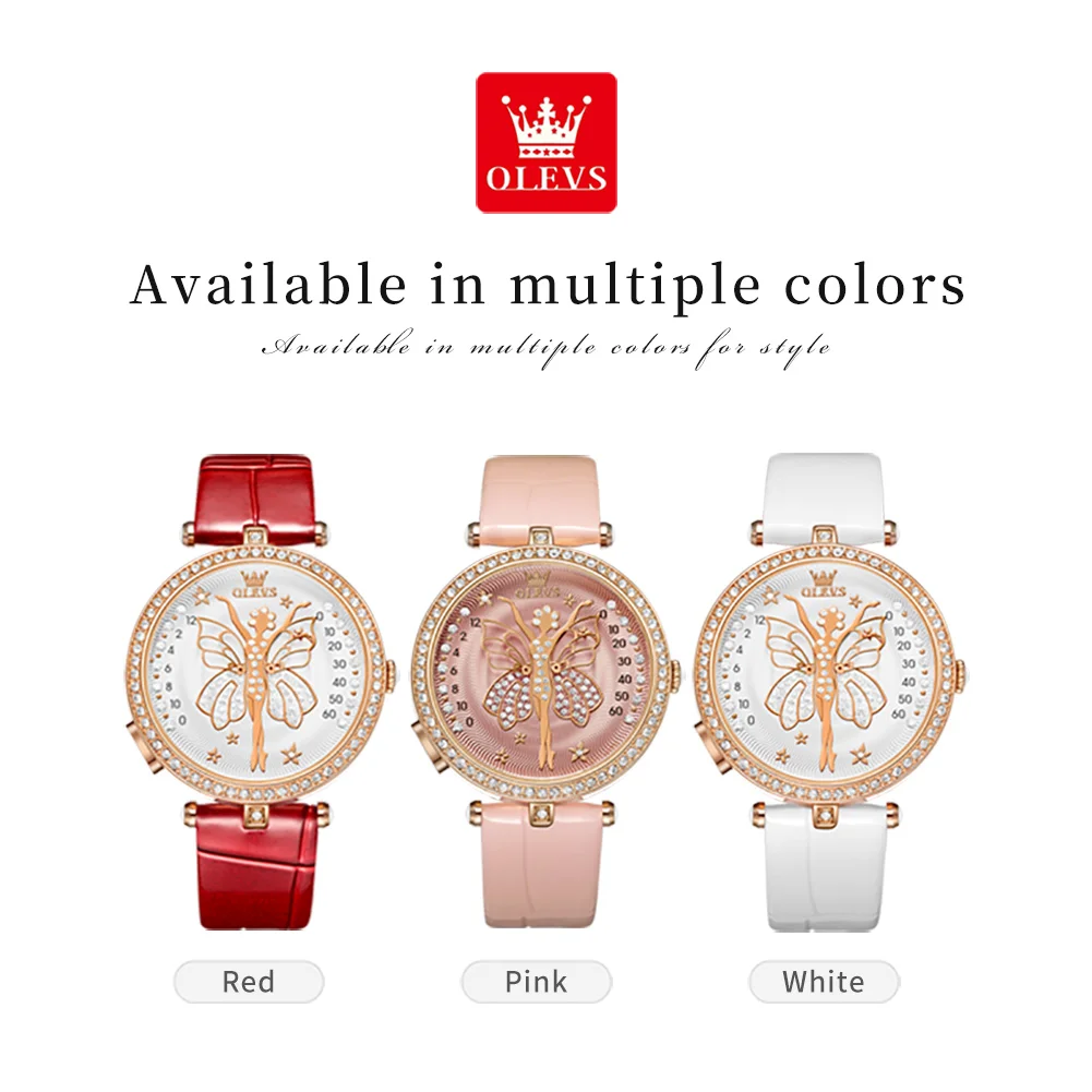 OLEVS Original Quartz Watch for Women Leather Strap Diamond Butterfly Dial Waterproof Elegant Women's Wristwatches Reloj Mujer