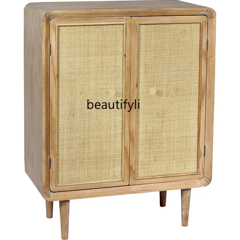 

handmade solid wood rattan woven double-sided door entry cabinet, Nordic grid breathable door, shoe cabinet, rattan cabinet