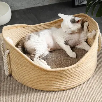 MADDEN 수공예 등나무 고양이 침대, 강아지 개집, 짠 여름 멋진 둥지, 고양이 새끼 고양이 긁기 수면 매트, 고양이 라운저 쿠션