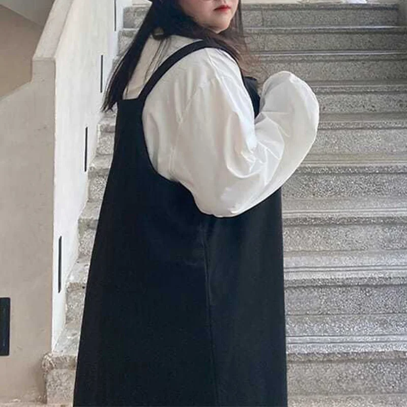 Korean Plus Size Clothes Round Neck White Puff Long Sleeve Top Fashion Black Pocket Design Loose Women's Sets Long Strap Dress