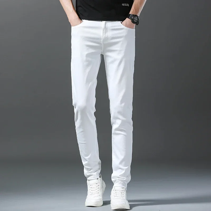 2024 Spring Summer New 98%Cotton Men's Slim Jeans Straight Casual Fashion Pencil Pants High Quality Trousers Male Clothes White 3