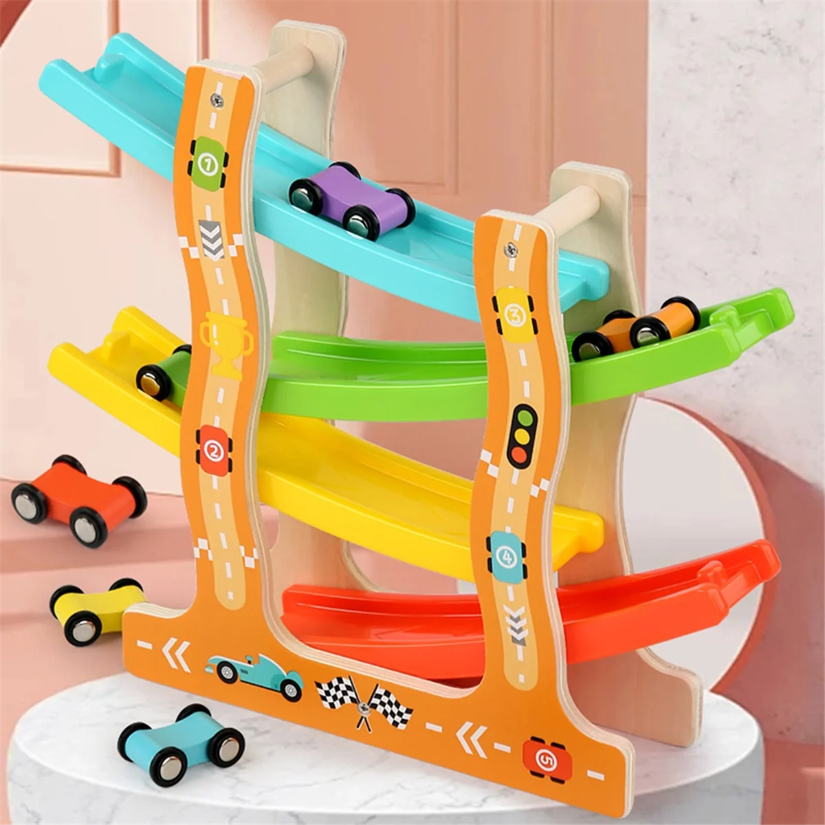 BAAU Wooden Racing Slide Cars Track Parking Lot Toys Gliding Ladder Vehicles DIY Education Xmas Birthday Gifts for Kids Boys