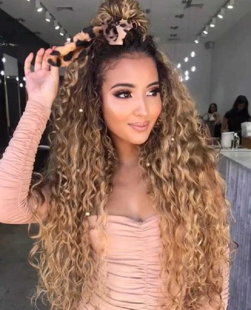 Synthetic Wigs Fashionable Split Gradient Color Brown For Women Afro Kinky Curly Long Wig Rose Mesh Adjustable Daily Party Use