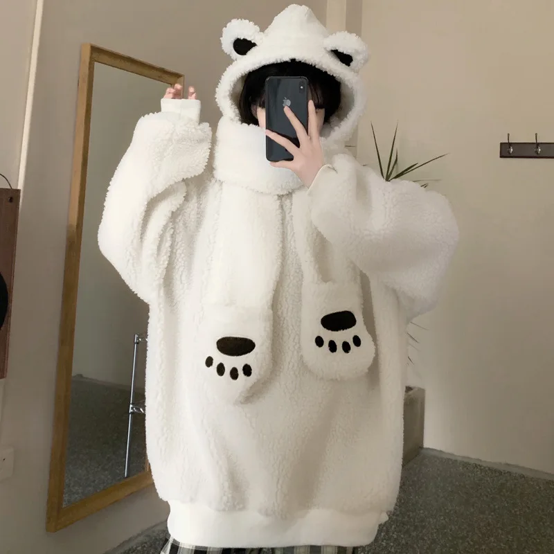 Faux Lamb Wool Bear Gloves Hooded Scarf Detachable Sweater Long-sleeved 2024 Autumn and Winter New Fashion Women's Clothing